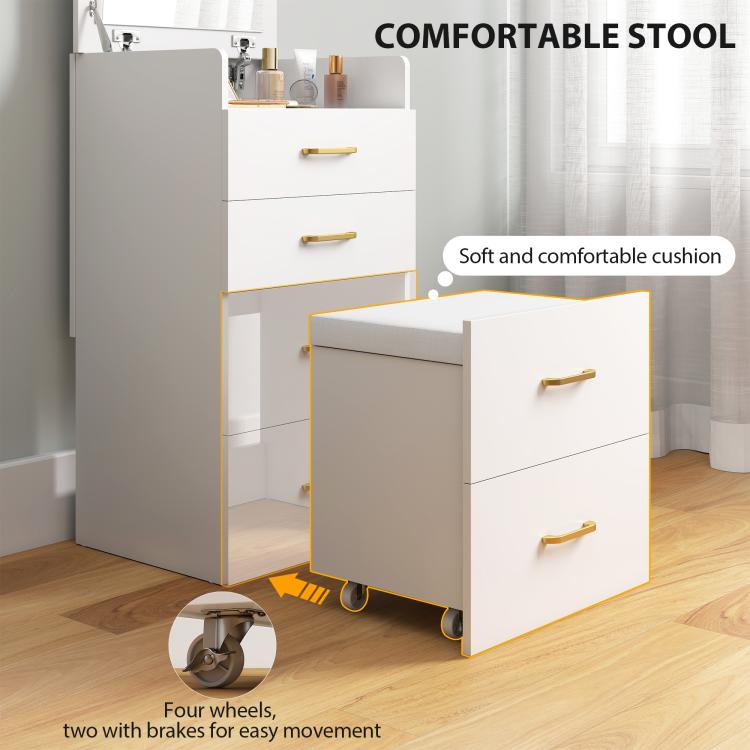 Compact Dressing Table and Stool Set, with Storage - White