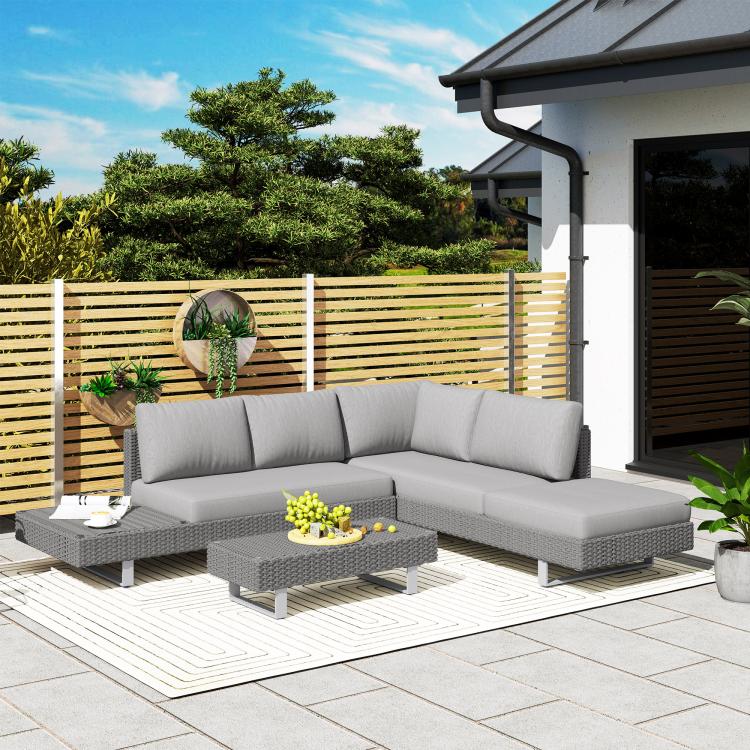 Three-Piece Rattan Sofa Set, with Cushions - Light Grey