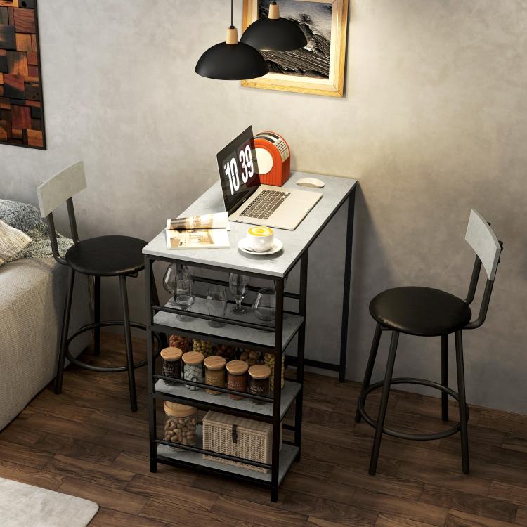 Three-Piece Kitchen Dining Set, with Shelves - Grey/Black