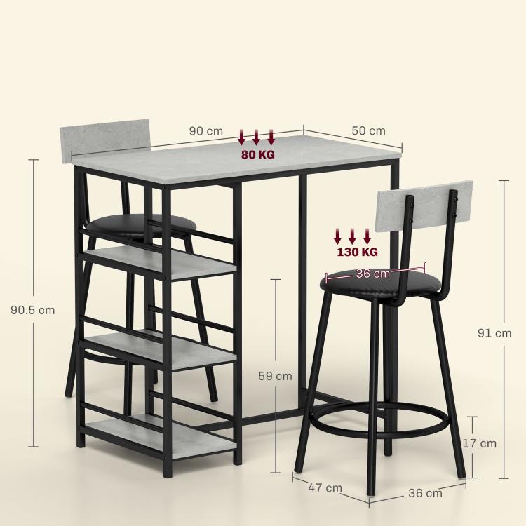Three-Piece Kitchen Dining Set, with Shelves - Grey/Black