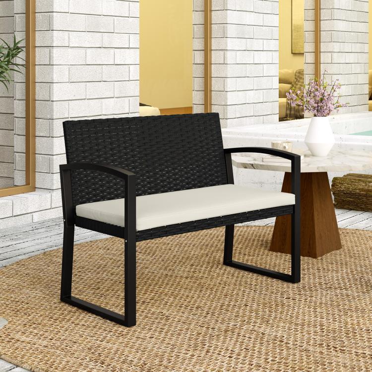 Two-Seater Rattan Garden Bench - Beige