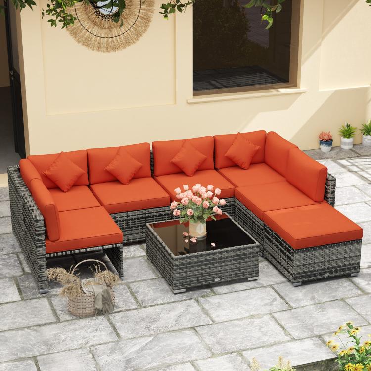 Eight-Piece Rattan Sofa Set - Orange/Grey