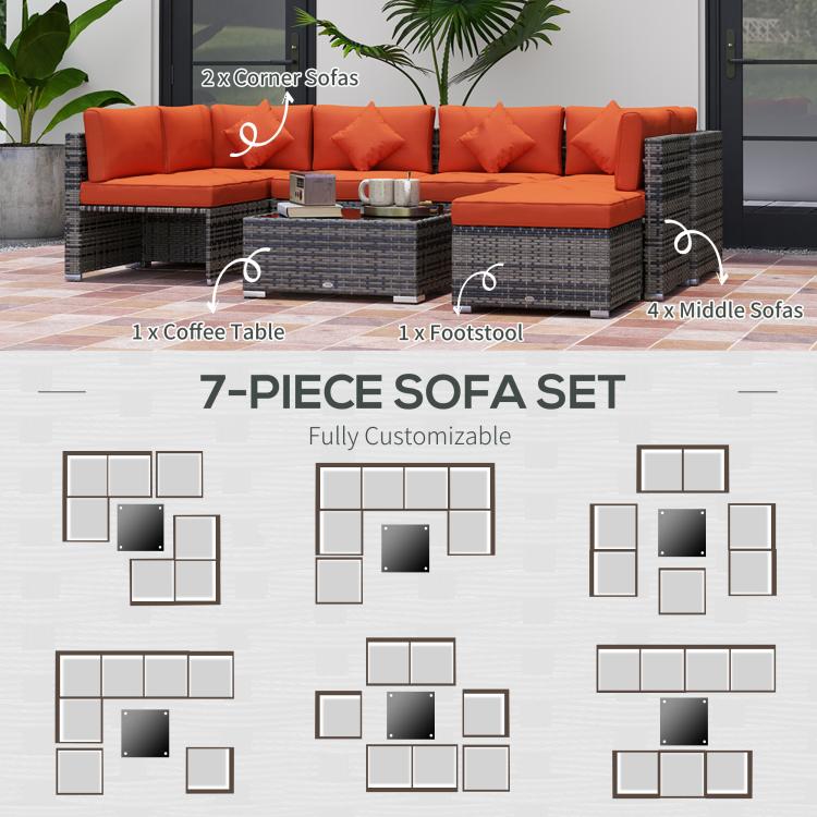 Eight-Piece Rattan Sofa Set - Orange/Grey