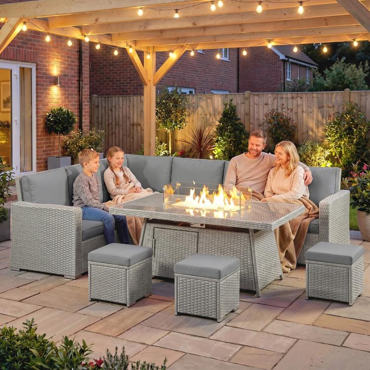 Seven-Piece Firepit Table Rattan Sofa Set - Grey
