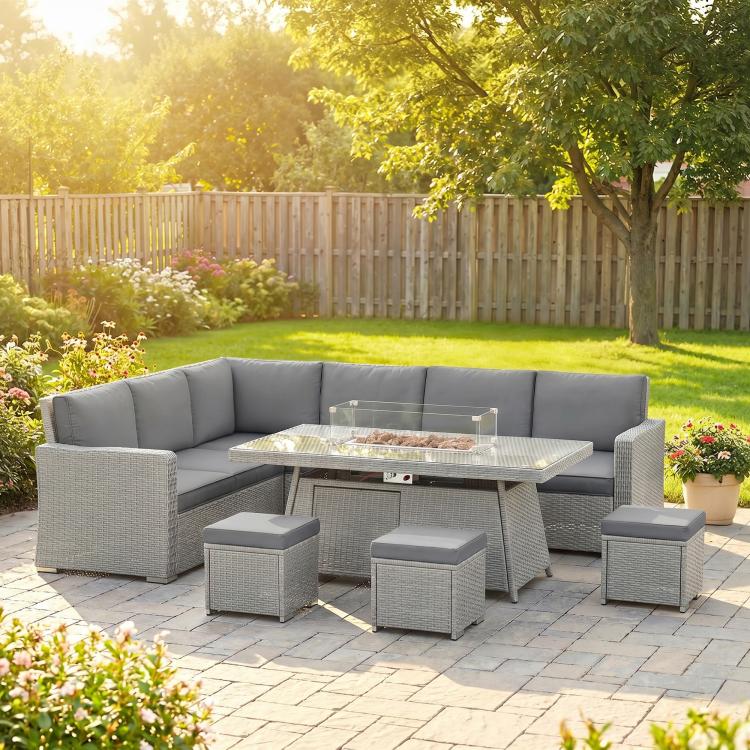 Seven-Piece Firepit Table Rattan Sofa Set - Grey
