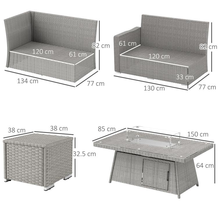 Seven-Piece Firepit Table Rattan Sofa Set - Grey