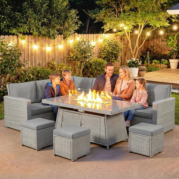 Seven-Piece Firepit Table Rattan Sofa Set - Grey