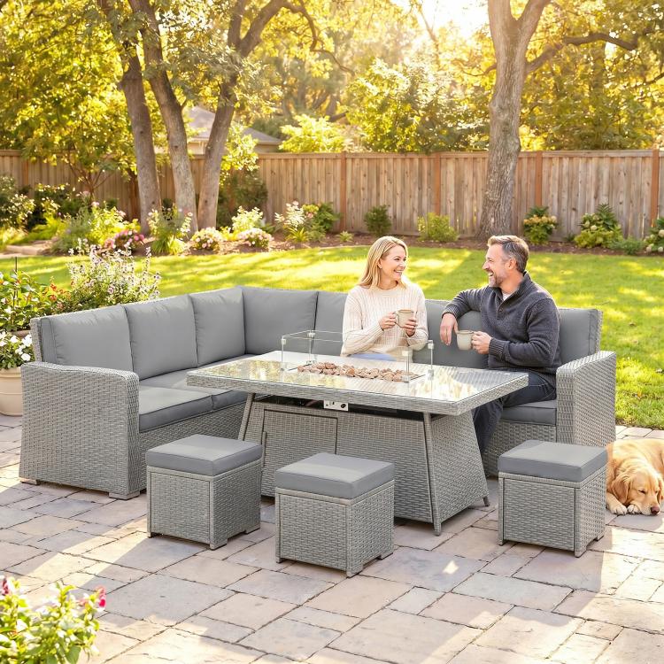 Seven-Piece Firepit Table Rattan Sofa Set - Grey