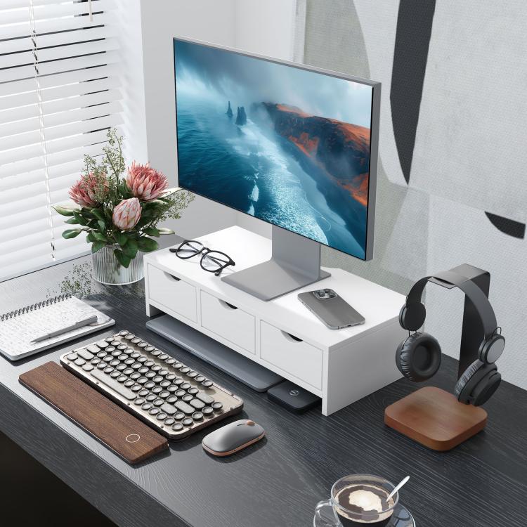 Monitor Stand Riser with 3 Drawers, Monitor Riser for Laptop, Computer, PC, Small Printer, 51 x 24 x 13cm, White
