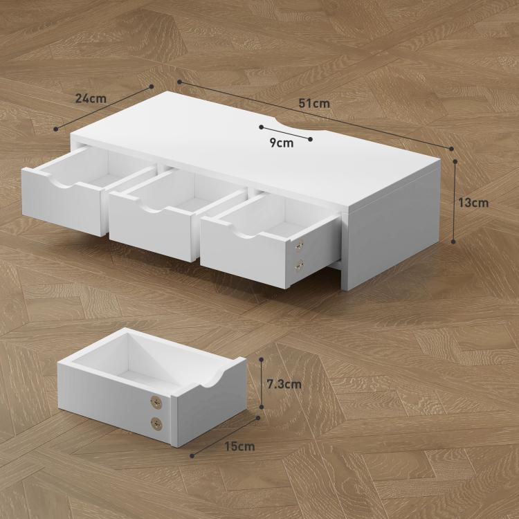 Monitor Stand Riser with 3 Drawers, Monitor Riser for Laptop, Computer, PC, Small Printer, 51 x 24 x 13cm, White