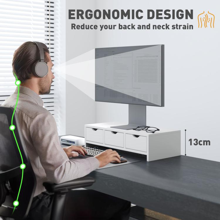 Monitor Stand Riser with 3 Drawers, Monitor Riser for Laptop, Computer, PC, Small Printer, 51 x 24 x 13cm, White