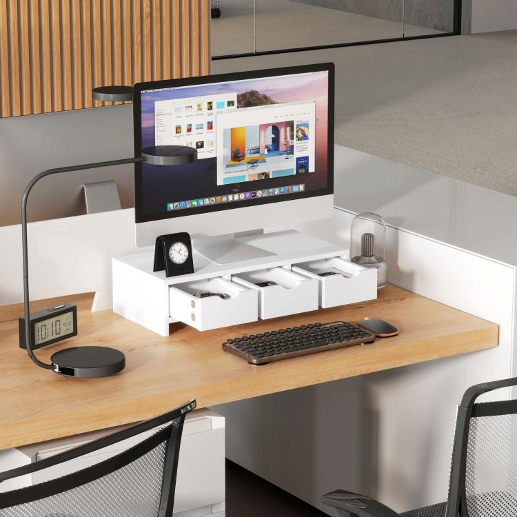 Monitor Stand Riser with 3 Drawers, Monitor Riser for Laptop, Computer, PC, Small Printer, 51 x 24 x 13cm, White