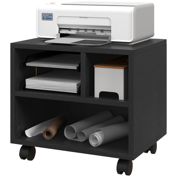 Three-Compartment Printer Cabinet, with Wheels - Black