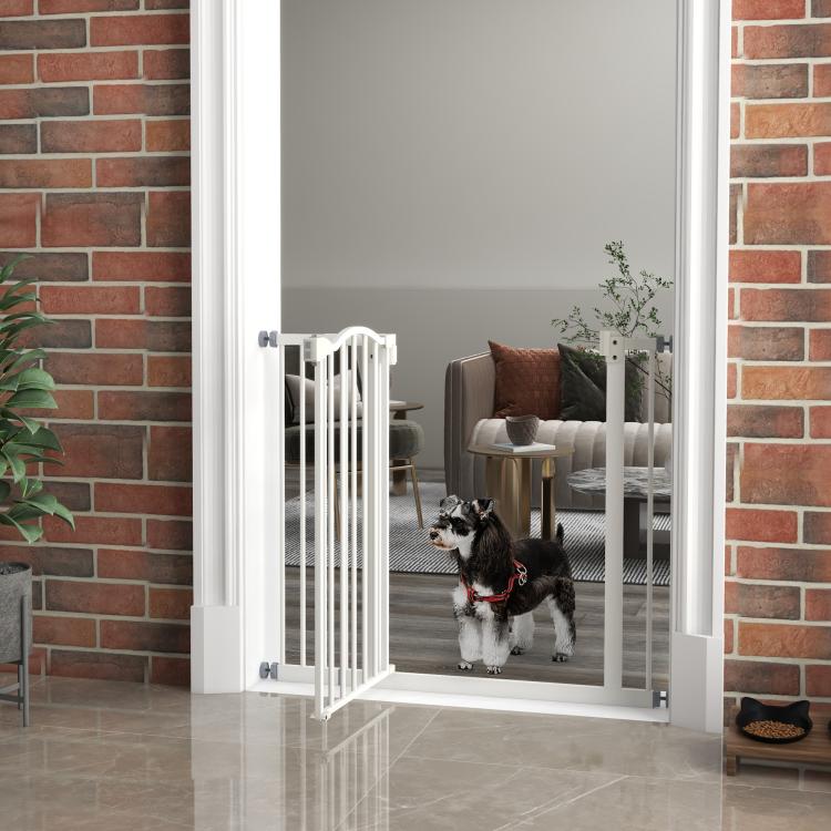 Metal 74-94cm Adjustable Pet Gate Safety Barrier w/ Auto-Close Door White