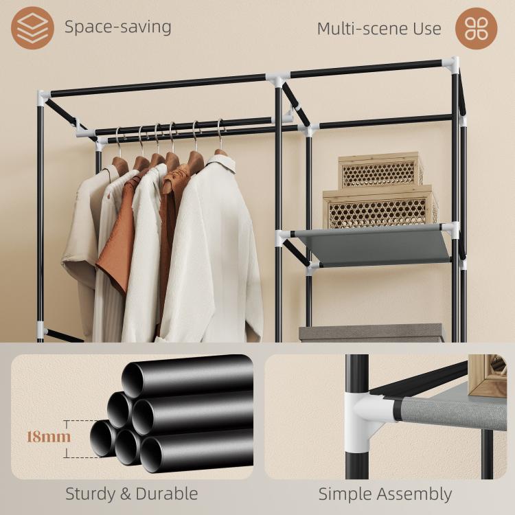 Fabric Wardrobe w/ Shelves Hanging Rail Foldable Wardrobe Light Grey