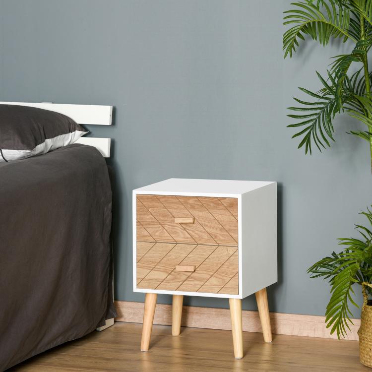 2 Drawers Bedside Table with Pine Legs, Bedroom Wooden Storage Cabinet, Natural