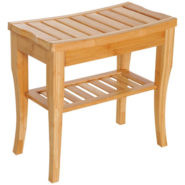 45cm 2-Tier Slatted Shower Bench Storage Seat w/ 4 Legs Comfortable Safe Bathroom Stool Spa Bath Organiser