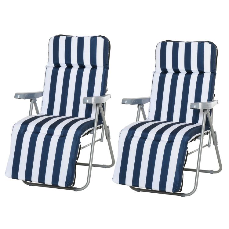 2Pc Folding Sun Loungers Set-Blue/White