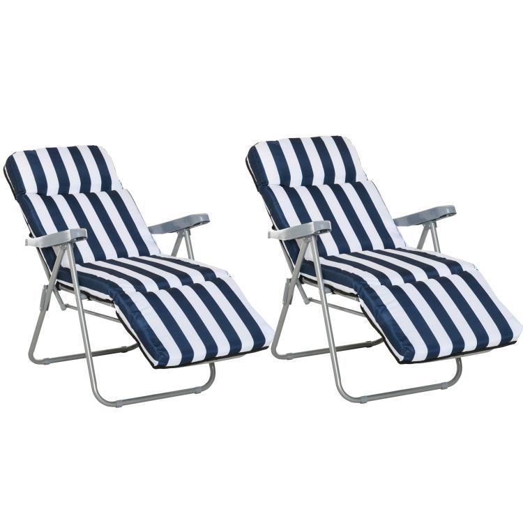2Pc Folding Sun Loungers Set-Blue/White