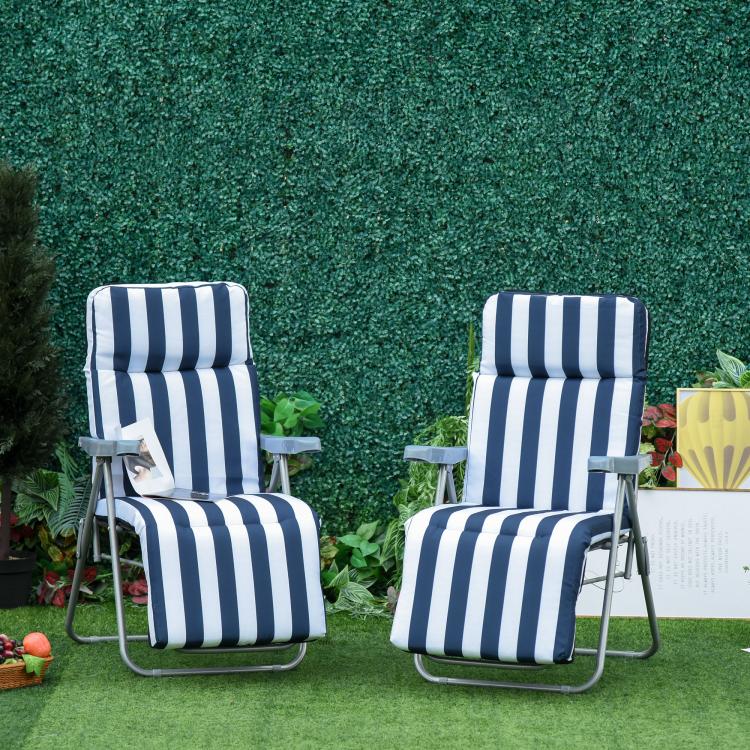 2Pc Folding Sun Loungers Set-Blue/White
