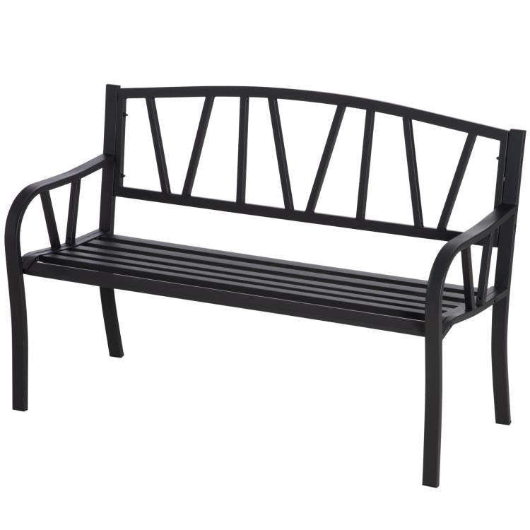 2-Seater Garden Bench Metal Loveseat w/ Decorative Backrest Ergonomic Armrest