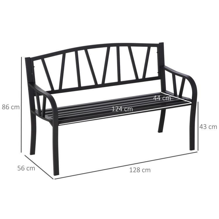 2-Seater Garden Bench Metal Loveseat w/ Decorative Backrest Ergonomic Armrest