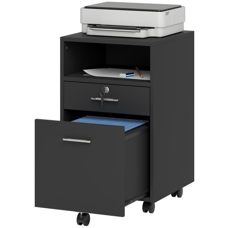 Lockable Two-Drawer Filing Cabinet, with Wheels - Black