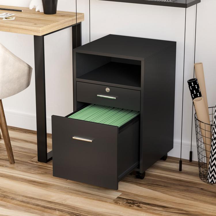 Lockable Two-Drawer Filing Cabinet, with Wheels - Black