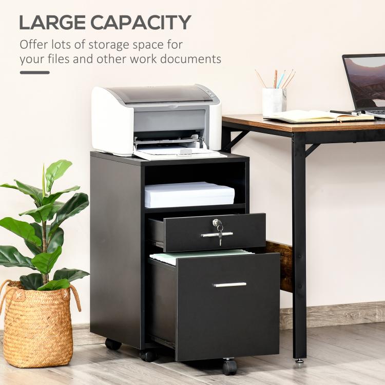 Lockable Two-Drawer Filing Cabinet, with Wheels - Black