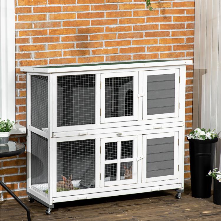 Wooden Rabbit Hutch, Two-Tier Guinea Pig Cage, with Removable Tray, Wheels