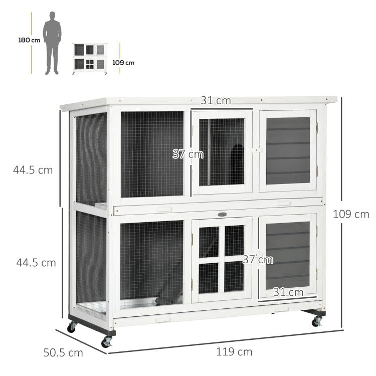 Wooden Rabbit Hutch, Two-Tier Guinea Pig Cage, with Removable Tray, Wheels