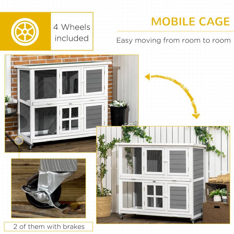 Wooden Rabbit Hutch, Two-Tier Guinea Pig Cage, with Removable Tray, Wheels