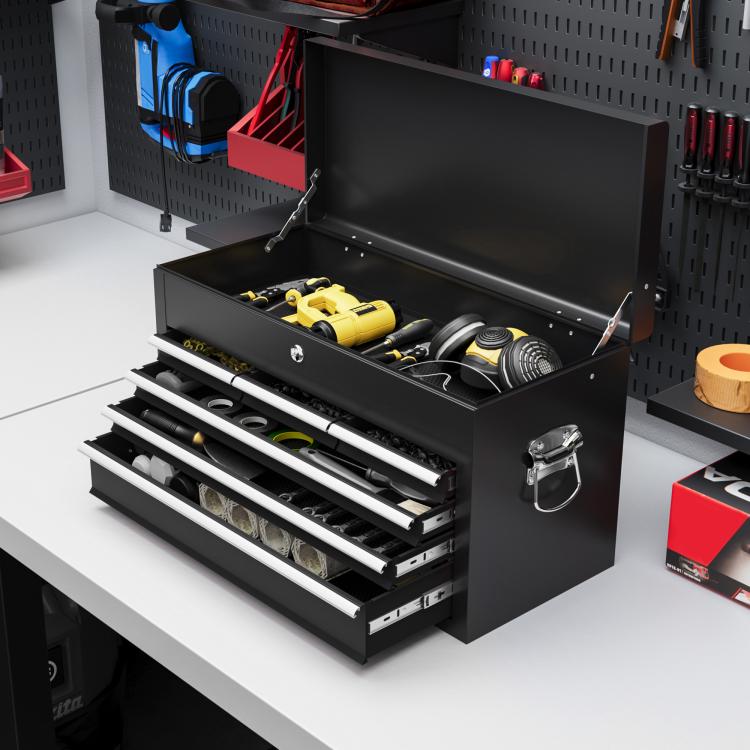 Steel Six Drawer Tool Storage Carry Chest, with Lock and Keys - Black