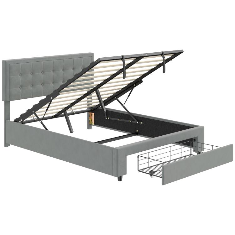 4ft6 Double Size Ottoman Bed Frame, with Front Drawer - Grey