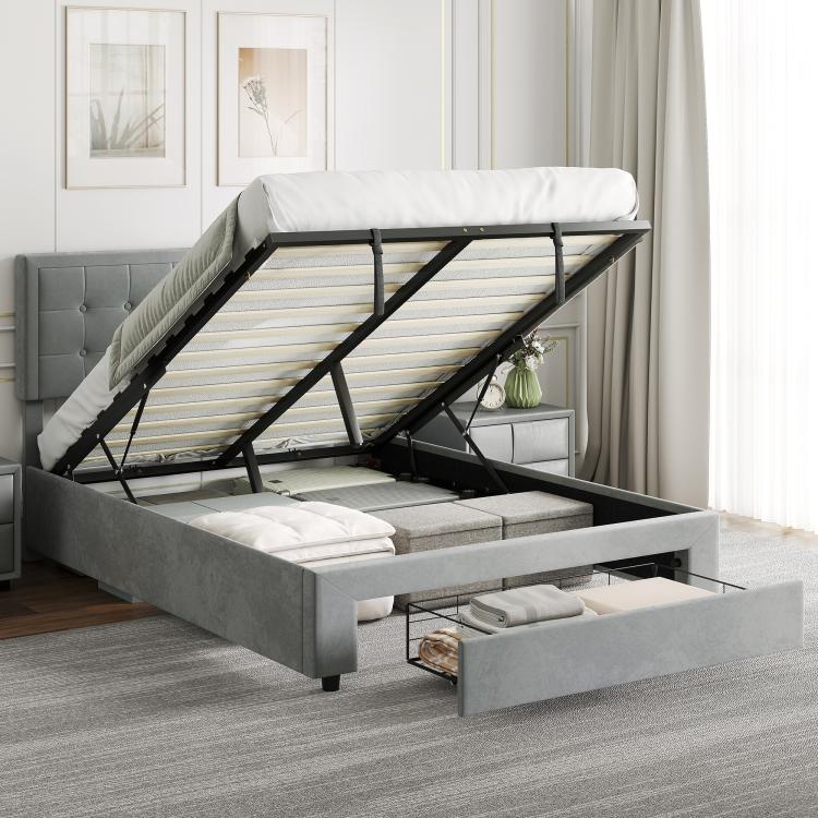 4ft6 Double Size Ottoman Bed Frame, with Front Drawer - Grey