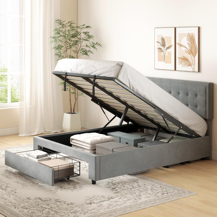 4ft6 Double Size Ottoman Bed Frame, with Front Drawer - Grey