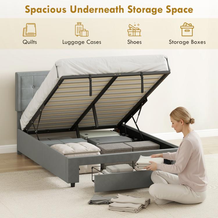 4ft6 Double Size Ottoman Bed Frame, with Front Drawer - Grey