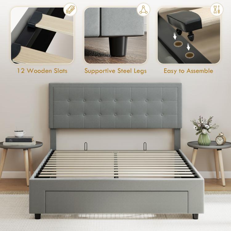 4ft6 Double Size Ottoman Bed Frame, with Front Drawer - Grey