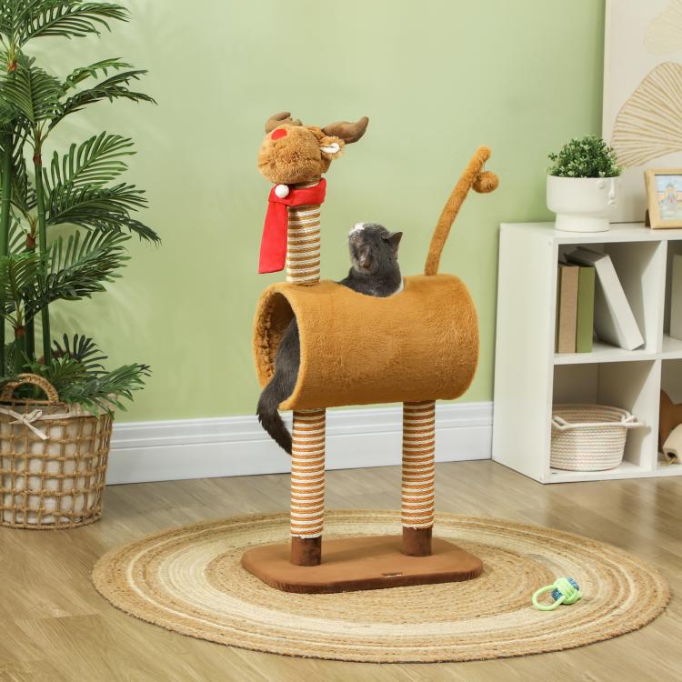 98cm Deer-Designed Cat Tree with Scratching Posts, Toy Ball, Tunnel, Brown