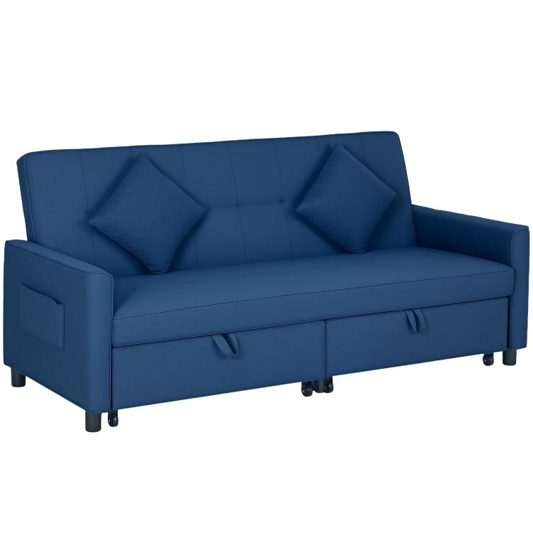 Three-Person Velvet-Feel Sofa Bed - Blue