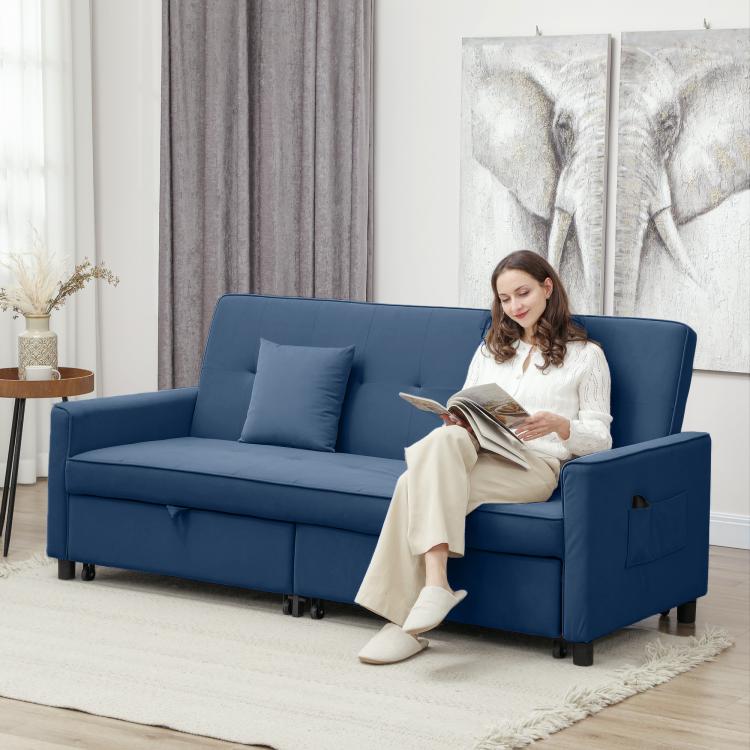 Three-Person Velvet-Feel Sofa Bed - Blue
