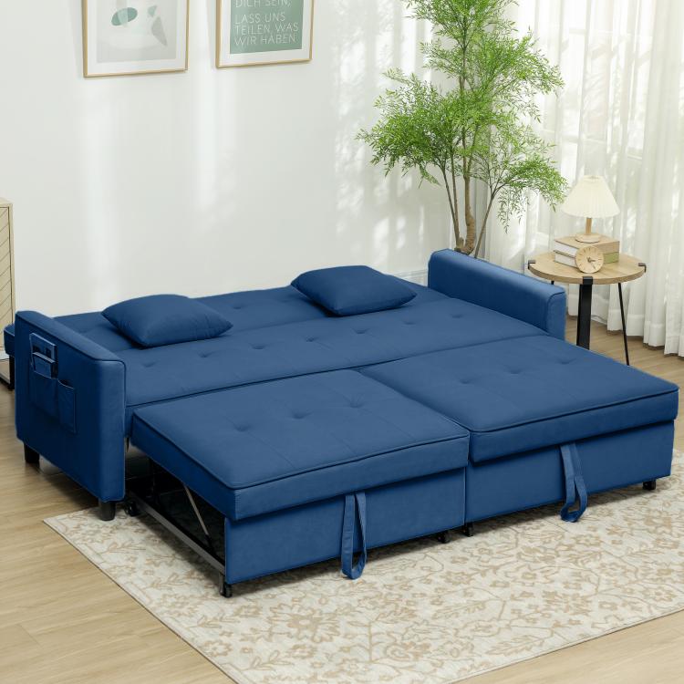 Three-Person Velvet-Feel Sofa Bed - Blue