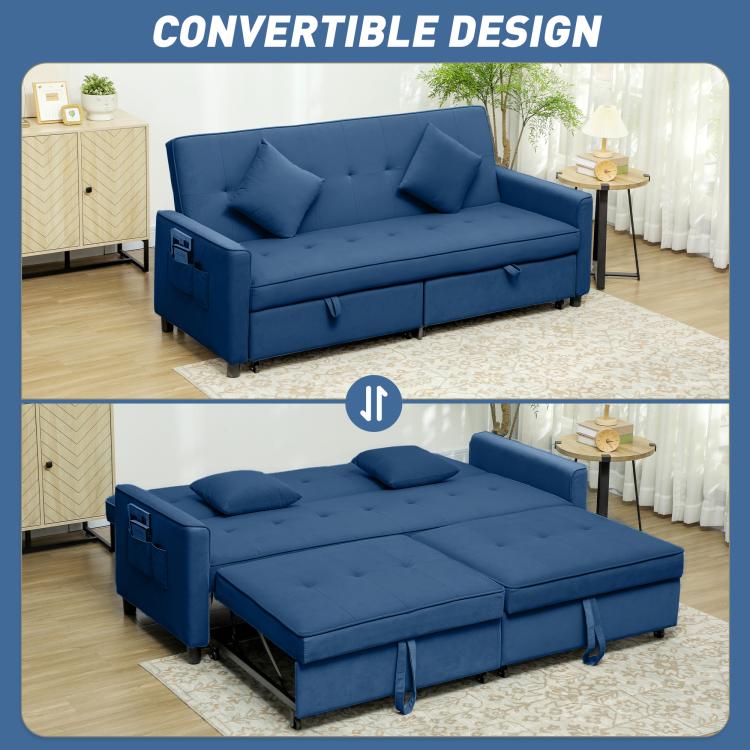 Three-Person Velvet-Feel Sofa Bed - Blue