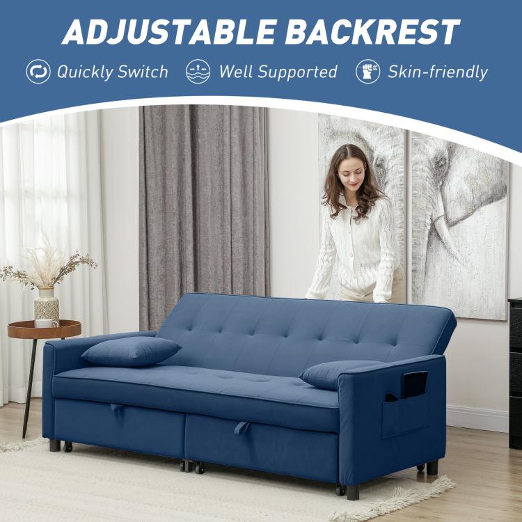 Three-Person Velvet-Feel Sofa Bed - Blue