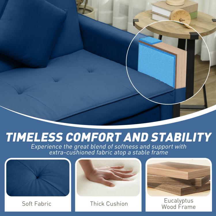 Three-Person Velvet-Feel Sofa Bed - Blue