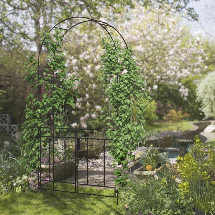 Decorative Garden Arch, with Gate - Black
