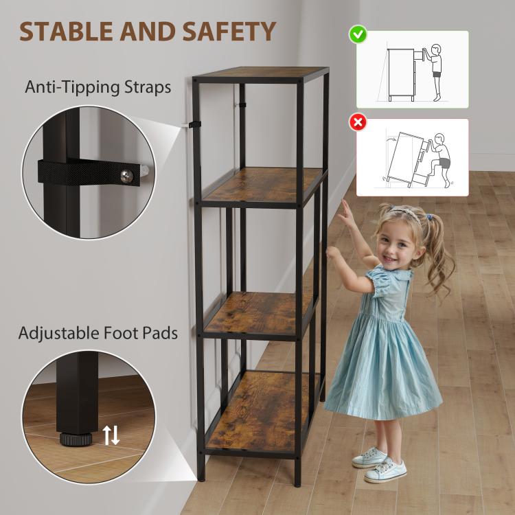 4-Tier Bookshelf with Open Shelves - Rustic Brown