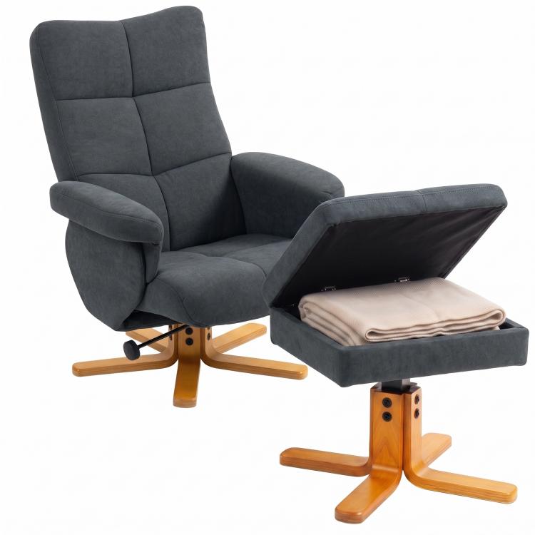 Linen-Look Recliner, with Storage Ottoman - Grey