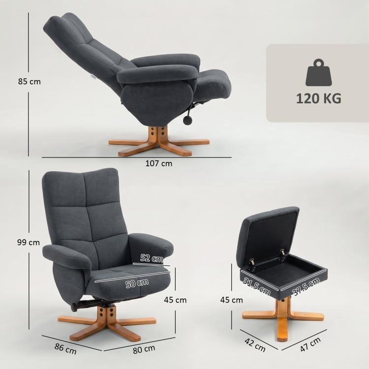 Linen-Look Recliner, with Storage Ottoman - Grey