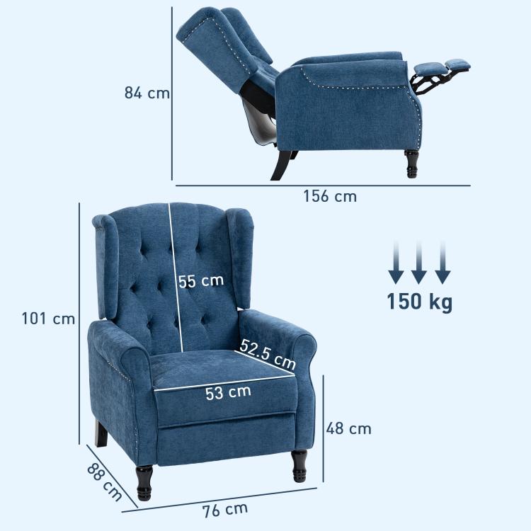 150 Degrees Reclining Vintage Armchair, with footrest, Royal Blue